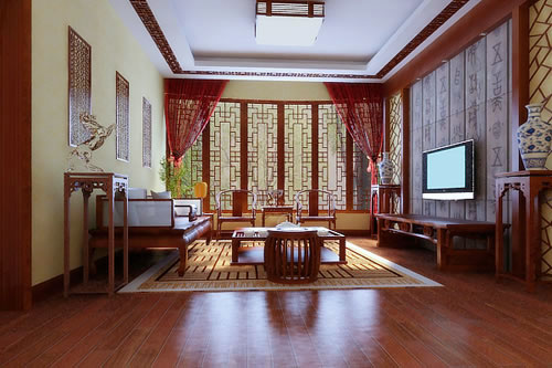 客廳里紅木桌椅以及兩把托你圈椅擺放恰到好處