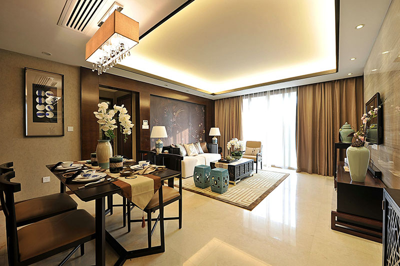 新中式風格客廳與餐廳的整體展示