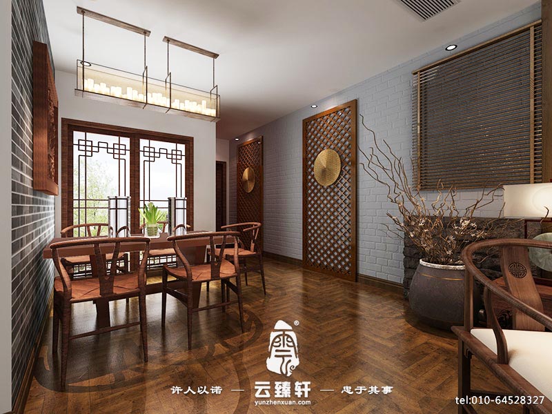 中式客廳鏤空木格紋背景墻裝修設計