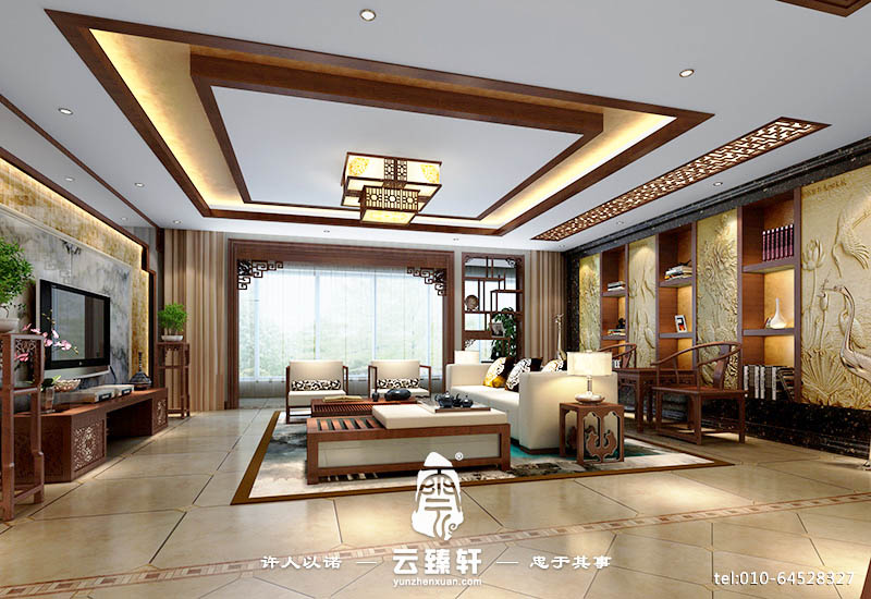 中式設(shè)計客廳彩繪立體背景墻效果圖2