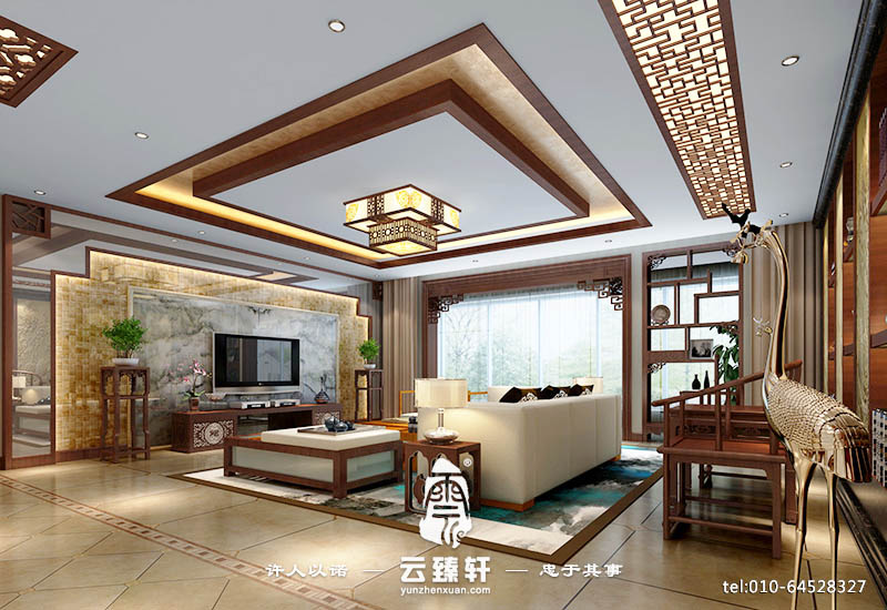 中式設(shè)計客廳彩繪立體背景墻效果圖2