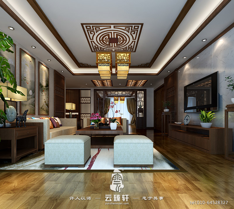 現代中式鏤空木格加大理石客廳電視背景墻裝修設計