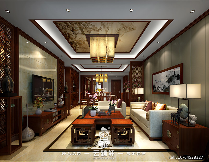 現代中式鏤空木格加大理石客廳電視背景墻裝修設計