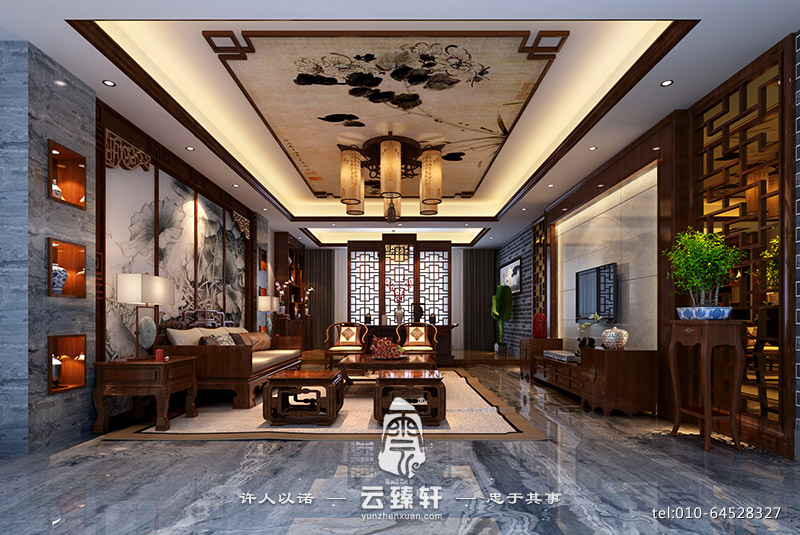 現代中式鏤空木格加大理石客廳電視背景墻裝修設計