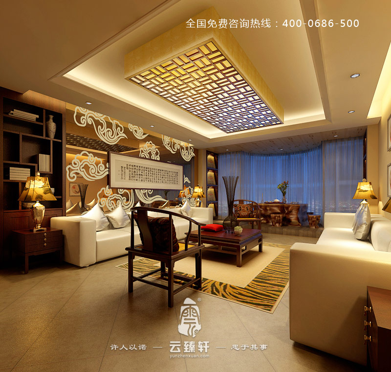 用鏡子作為客廳背景墻的新中式客廳裝修效果圖