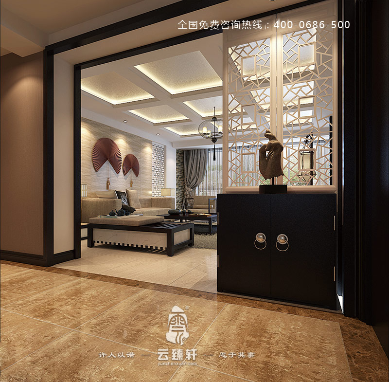 依客廳而設(shè)置的新中式玄關(guān)裝修效果圖