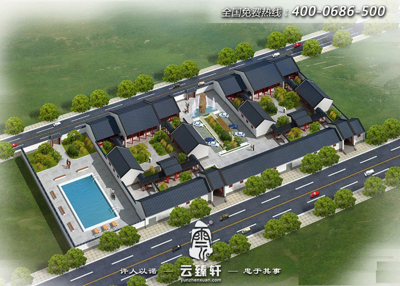 聯(lián)排二進(jìn)院落四合院中式設(shè)計(jì)帶有景觀的效果圖