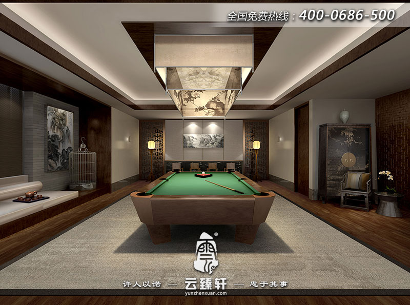 會所臺球室裝修設計體現(xiàn)出崇尚自然、健康休閑的特質(zhì)