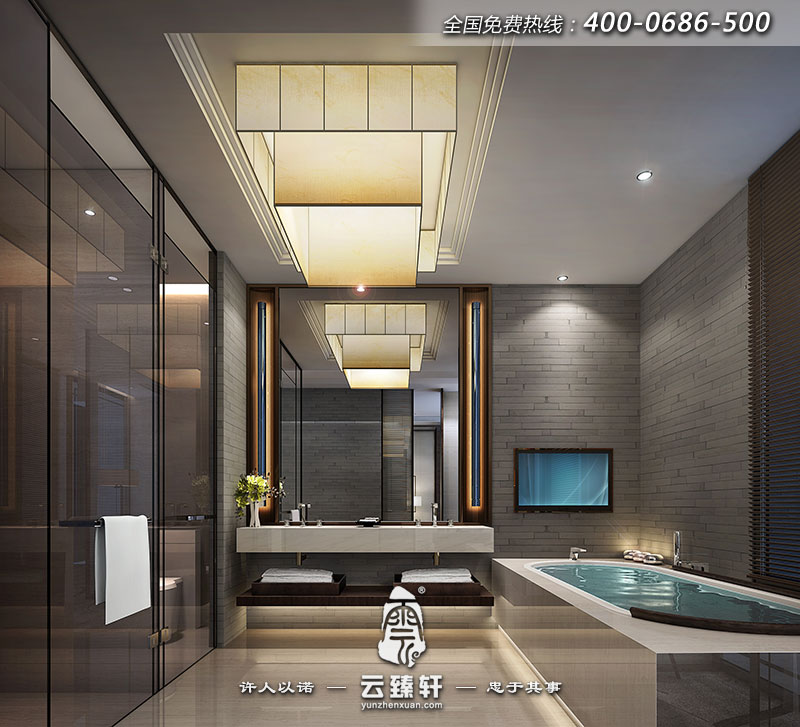 衛(wèi)生間采用古典青磚裝飾，浴缸也選用仿古形態(tài)