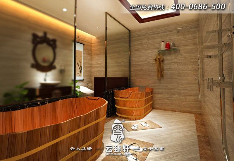 養生館的洗浴區全部采用木桶，自然且舒適