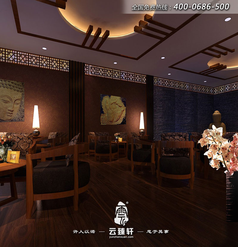 足桶天下養生會所的大堂古樸雅致、低調簡約