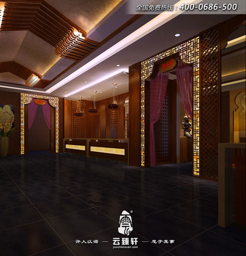 該會所分區明確，這是其中“泰式區”門廳的裝修效果