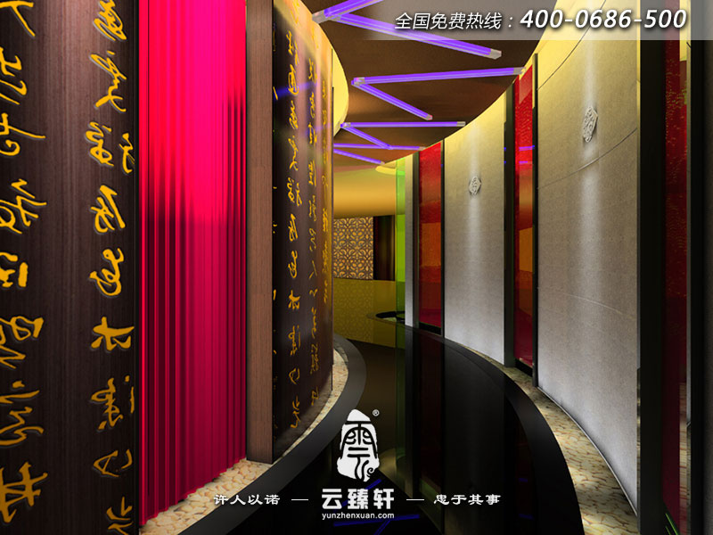 KTV二樓走道裝修設計的相對活躍，色彩鮮明