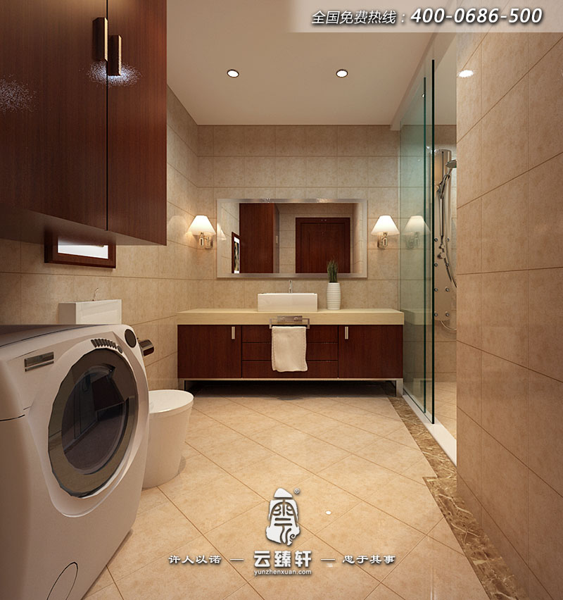 樓中樓衛生間的裝修簡潔明亮，所用的木制材料和整體相統一