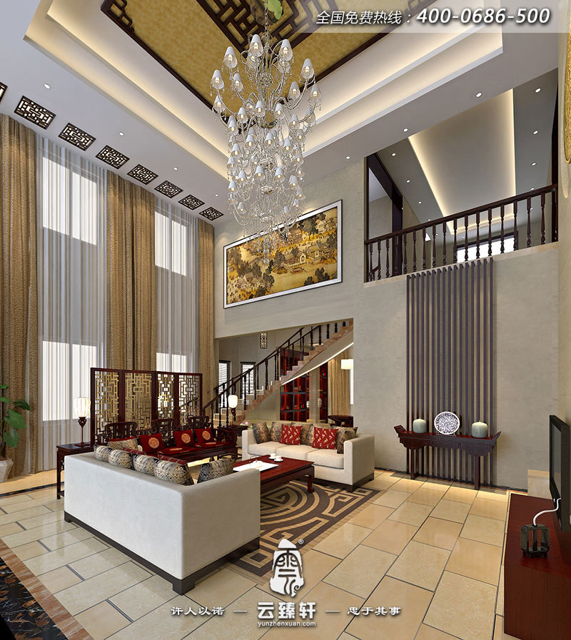 紹興簡約中式別墅裝修客廳設計效果圖