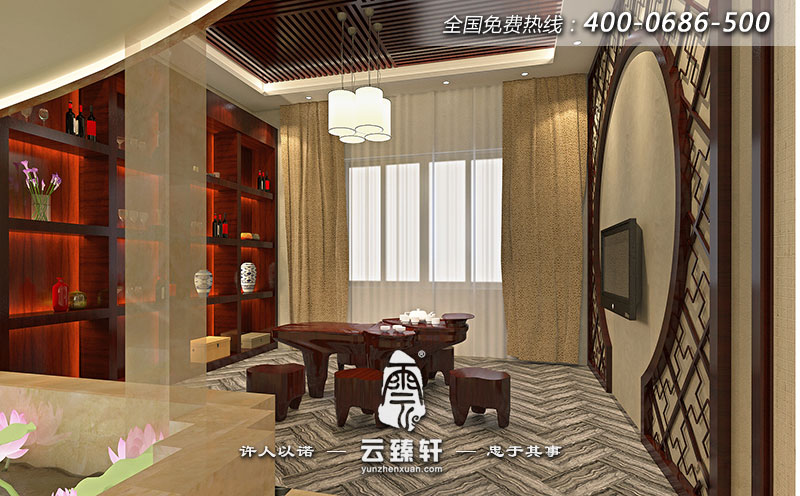 別墅的茶室裝飾把純潔的荷花池引用到室內