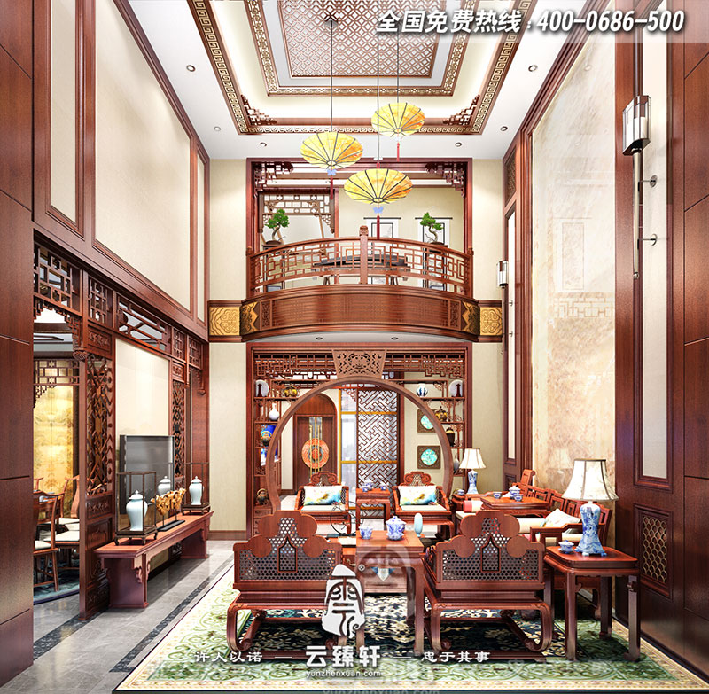 天津別墅中式客廳設計效果圖