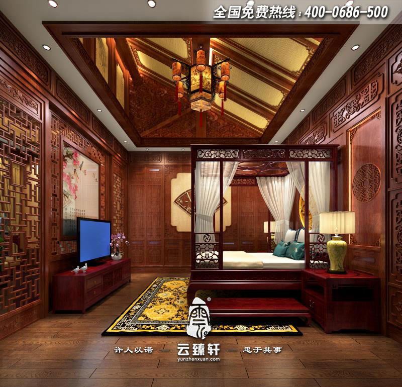 四合院中式會所主臥室設計效果圖